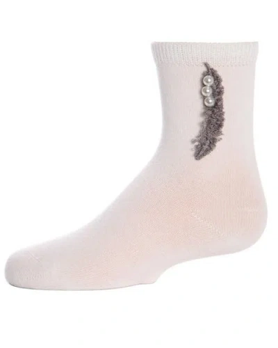 Memoi Kids'  Feathery Combed Faux Pearl Crew Socks In White