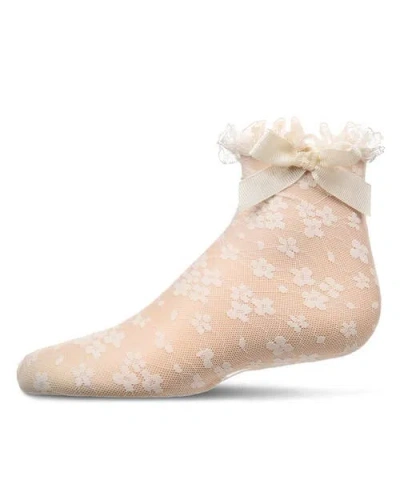 Memoi Babies'  Floral Lace Bow Trim Ankle Sock In Neutral