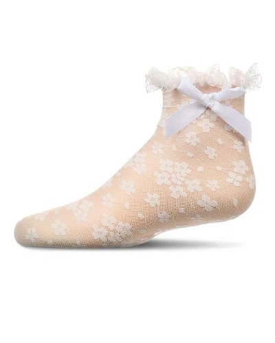 Memoi Babies'  Floral Lace Bow Trim Ankle Sock In Neutral