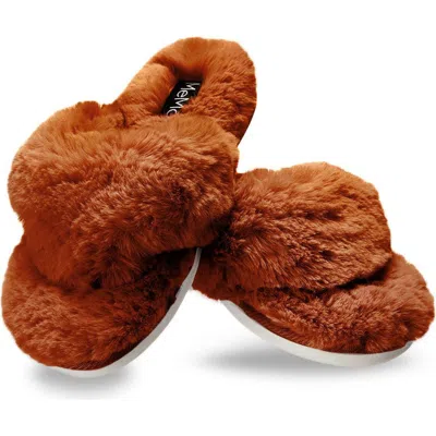 Memoi Fuzzy Plush Faux Fur Flip Flop Slipper In Brown