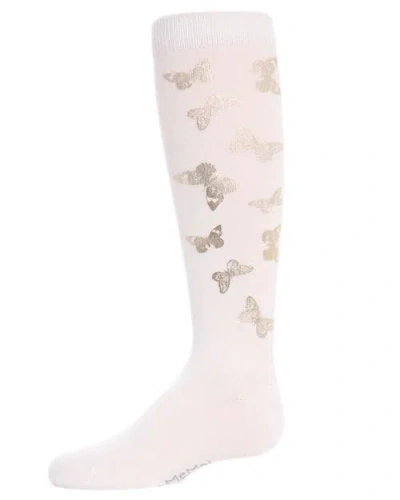 Memoi Kids'  Gold And Gilded Butterfly Knee High Socks In White