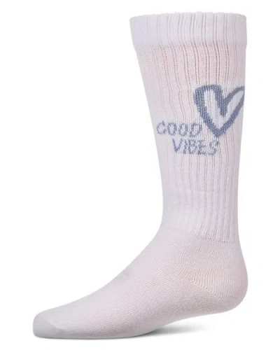 Memoi Kids'  Good Vibes Heart Ribbed Knee High Sock In White