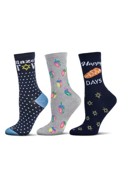 Memoi Hanukkah Assorted 3-pack Crew Socks In Black