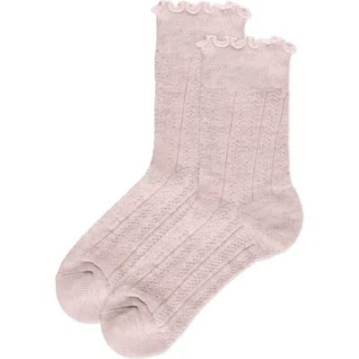 Memoi Heart Ruffle Cuff Cotton Blend Pointelle Crew Socks In Pink