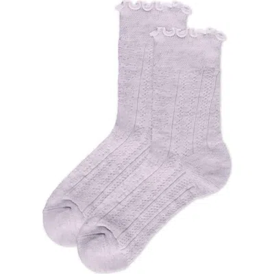Memoi Heart Ruffle Cuff Cotton Blend Pointelle Crew Socks In Purple