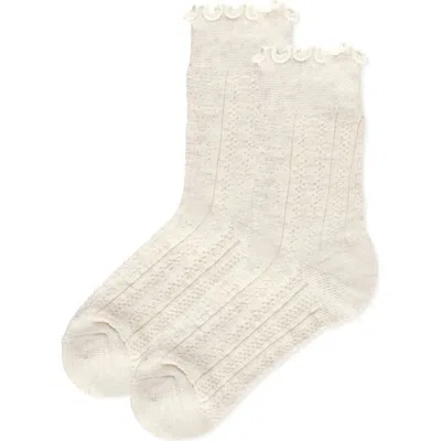Memoi Heart Ruffle Cuff Cotton Blend Pointelle Crew Socks In White