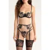 Memoi Ingrid Embroidered Underwire Bra, Garter Belt & Thong Set In Black