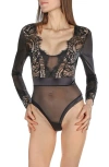 Memoi Josephine Long Sleeve Thong Bodysuit In Black