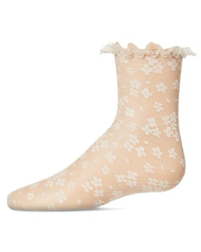 Memoi Kid's Lace-trim Floral Net Ankle Sock In Neutral