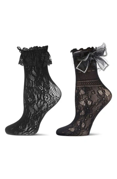 Memoi Lace Ruffle Cuff Assorted 2-pack Ankle Socks In Black-black