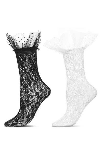 Memoi Lace Ruffle Cuff Assorted 2-pack Ankle Socks In Black-nude