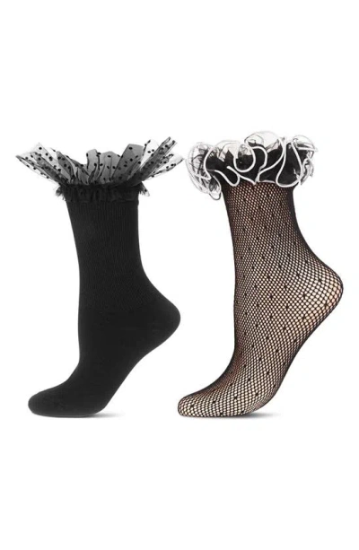 Memoi Lace Ruffle Cuff Assorted 2-pack Ankle Socks In Black-red