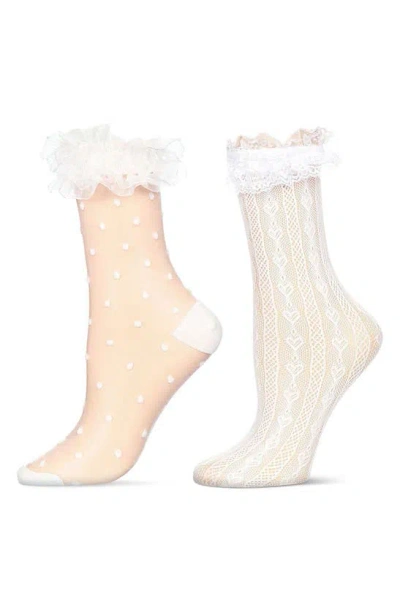 Memoi Lace Ruffle Cuff Assorted 2-pack Ankle Socks In White
