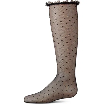 Memoi Babies'  Lace Trimmed Dot Mesh Knee Sock In Black