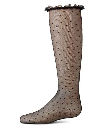 Memoi Kids'  Lace Trimmed Dot Mesh Knee Sock In Black
