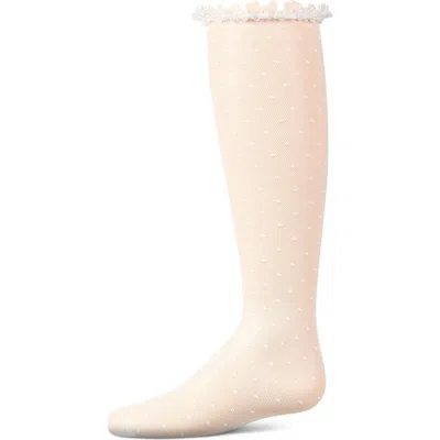 Memoi Babies'  Lace Trimmed Dot Mesh Knee Sock In Brown
