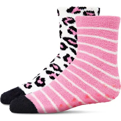 Memoi Leopard Fuzzy Non-skid Socks 2-pair In Pink