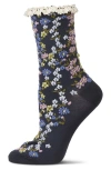Memoi Liberty Lace Cuff Floral Crew Socks In Black