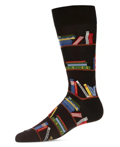 Memoi Men's Bookshelf Bibliophile Rayon From Bamboo Novelty Crew Socks In Black