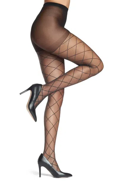 Memoi Metallic Diamond Sheer Tights In Black