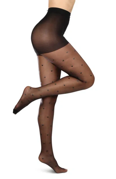Memoi Mini Heart Sheer Tights In Black