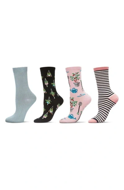 Memoi Novelty Assorted 4-pack Crew Socks In Black