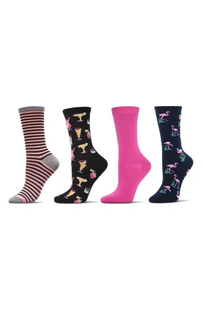 Memoi Novelty Assorted 4-pack Crew Socks In Black-black