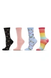 Memoi Novelty Assorted 4-pack Crew Socks In Black-red