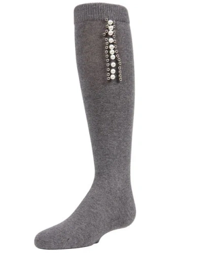 Memoi Kids'  Pearls And Stripes Jeweled Knee High Socks In Gray