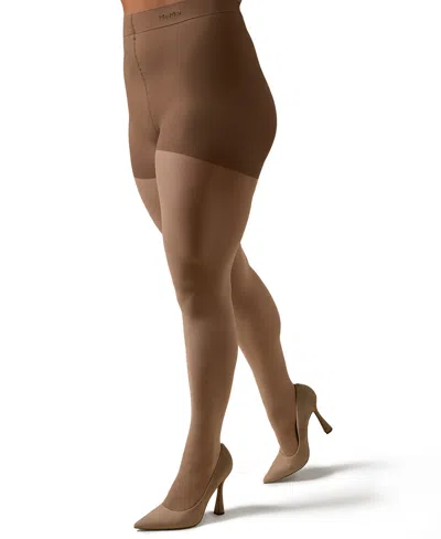 Memoi Plus Size Microfiber Opaque Curvy Control Top Tights In Brown