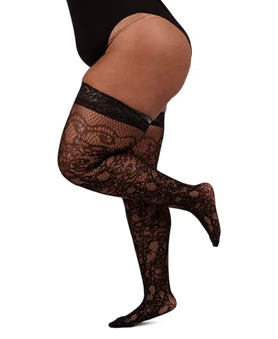 MEMOI PLUS SIZE NET SWIRL-PATTERN THIGH HIGH STOCKINGS