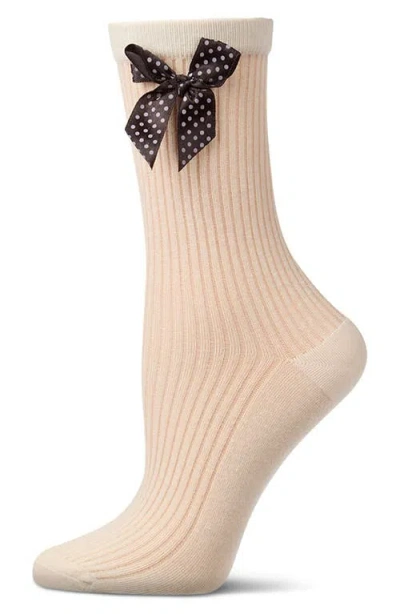 Memoi Polka Dot Bow Rib Cotton Blend Crew Socks In Neutral
