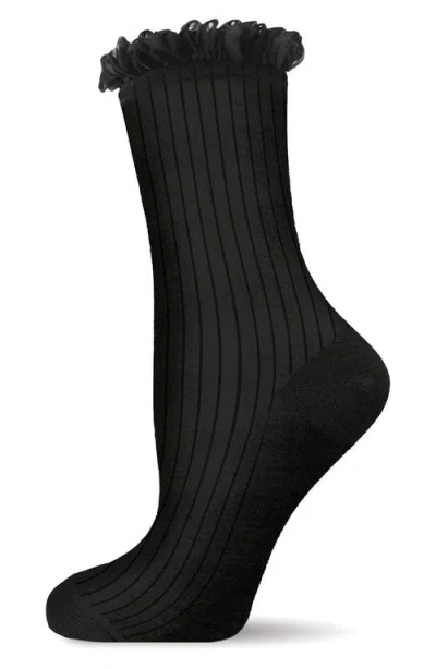 Memoi Rib Ruffle Cuff Crew Socks In Black