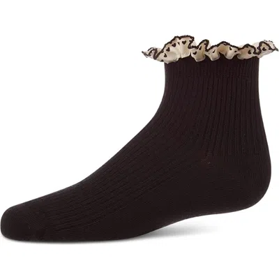 Memoi Ribbed Ankle Sock With Heart -print Lace-trim Ruffle (baby) In Brown