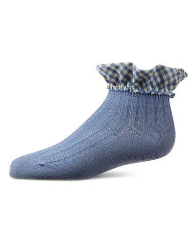 Memoi Ribbed Checkered Ruffle-trim Ankle Sock (baby) In Blue