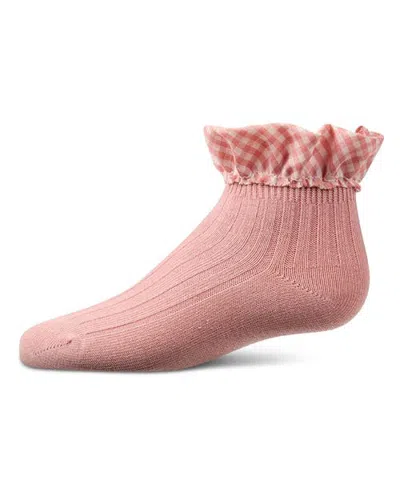 Memoi Ribbed Checkered Ruffle-trim Ankle Sock (baby) In Pink