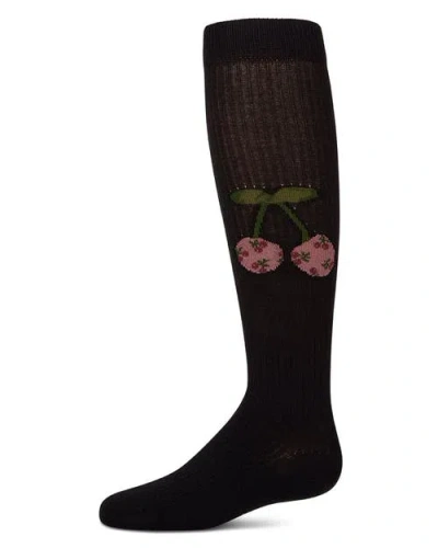 Memoi Kids'  Ribbed Cherry Embroidered Knee Sock In Black
