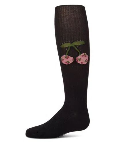 Memoi Kids'  Ribbed Cherry-graphic Elastic-waist Tights In Black