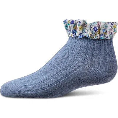 Memoi Ribbed Floral Ruffle-trimmed Ankle Sock (baby) In Blue
