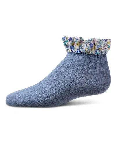 Memoi Kids'  Ribbed Floral Ruffle-trimmed Ankle Sock In Blue