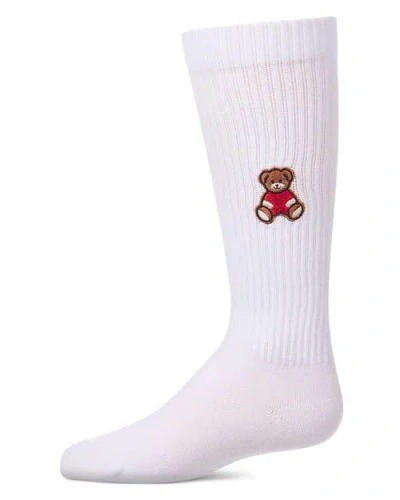 Memoi Kids'  Ribbed Knee High Sock With Embroidered Teddy Bear In White
