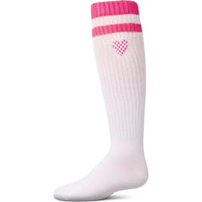 Memoi Kids'  Ribbed Varsity Stripe Checkered Heart Rich Knee Sock In Pink