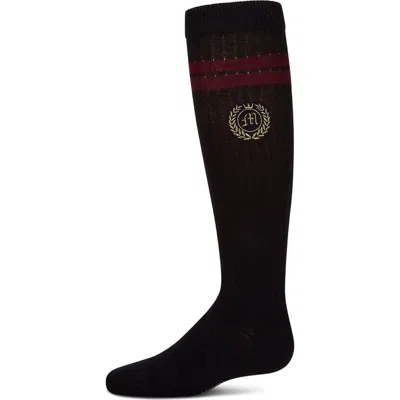 Memoi Kids'  Rich Varsity Striped And Embroidered Crest Knee Socks In Black