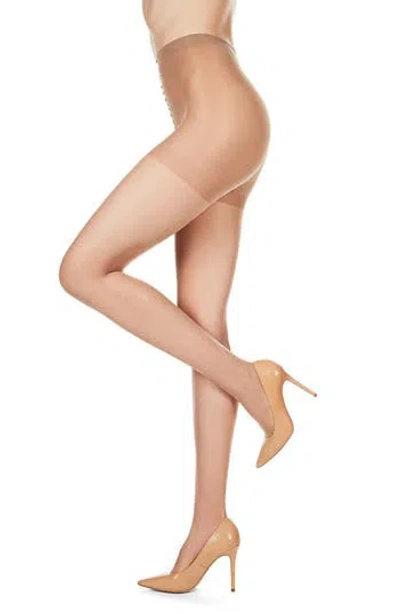 Memoi Satin Sheer Control Top Pantyhose In Brown