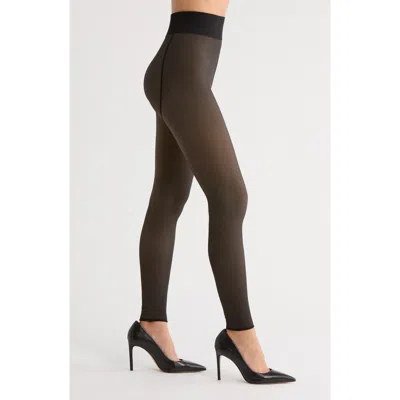 Memoi Sheer Effect Fleece Lined Tights In Black