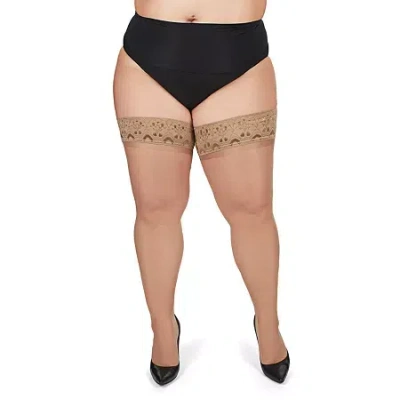 Memoi Silky Sheer Lace Top Thigh Highs Plus In Sand