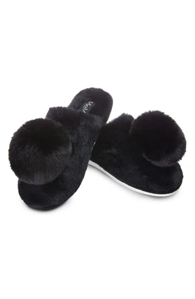 Memoi The Gloria Faux Fur Pom Slipper In Black