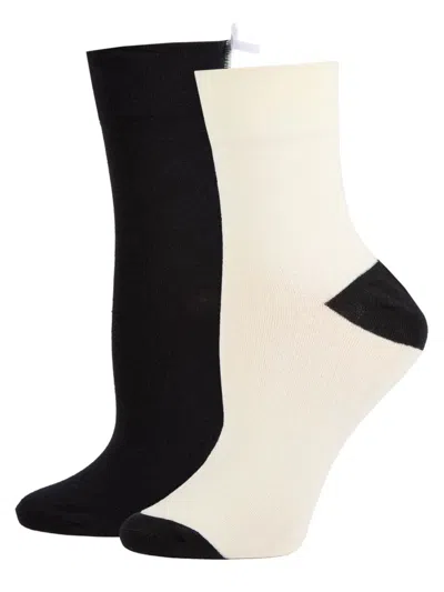 Memoi Women's 2-pack Contrast Heel Bow Crew Socks In Black