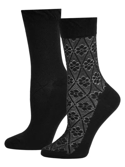 Memoi Women's 2-pack Flower Dazzle Ankle Socks In Black