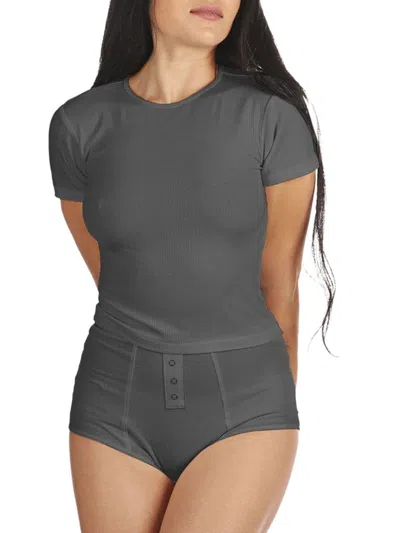 Memoi Women's 2-piece Ribbed T Shirt & Brief Set In Dark Grey